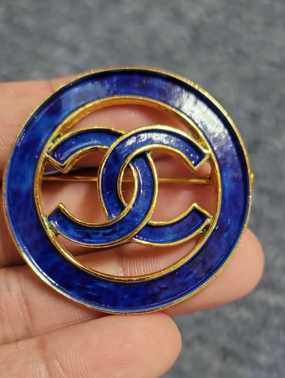 Vintage CHANEL Gold-Tone and Deep Blue Enamel Interlocking CC Brooch